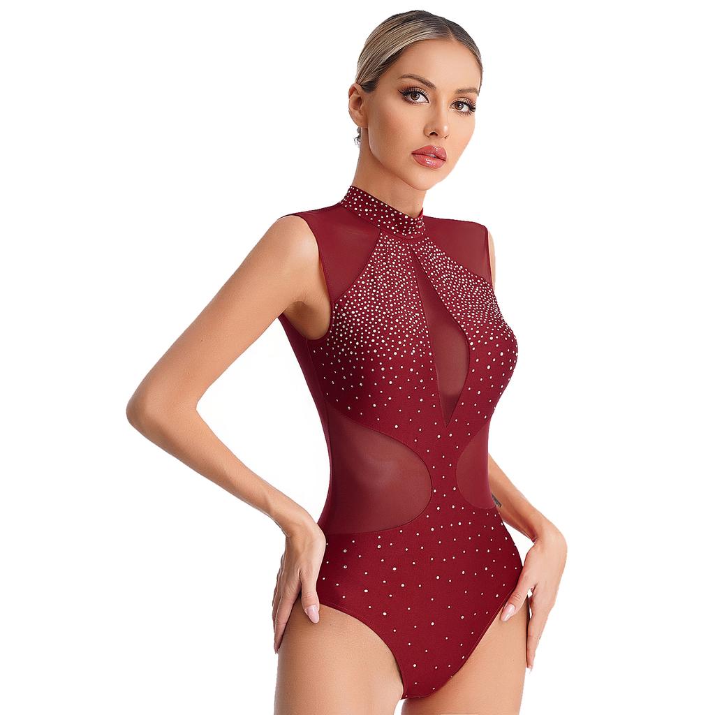 Costum de patinaj artistic pentru femei, strălucitor, cu strasuri, plas transparent, patchwork, fără mâneci, decupaj pe spate