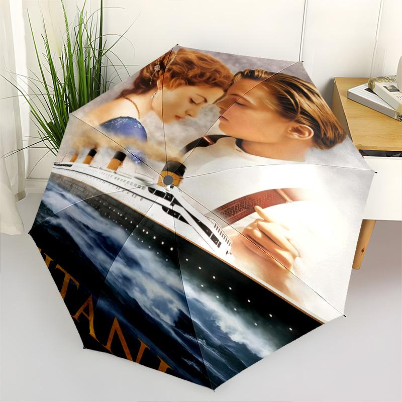 1 PC Automatic Folding Umbrella - Titanic Pattern Portable Foldable Design With 8 Ribs Christmas Birthday Gifts