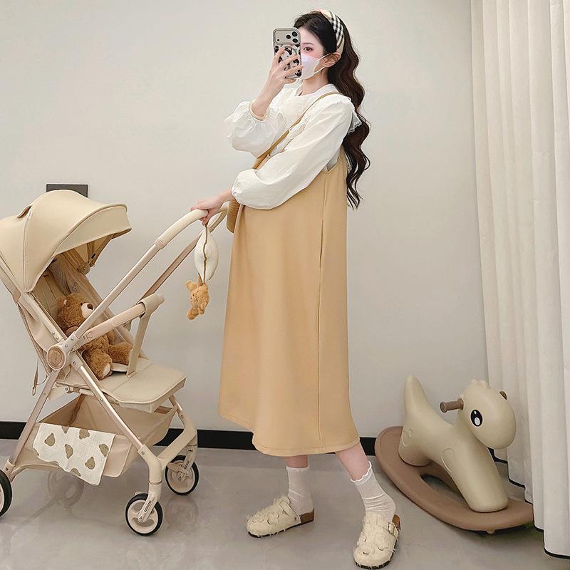 Plus Size Spring 2026 Maternity Set: Suspender Skirt & Lace-Trimmed Collar Shirt L