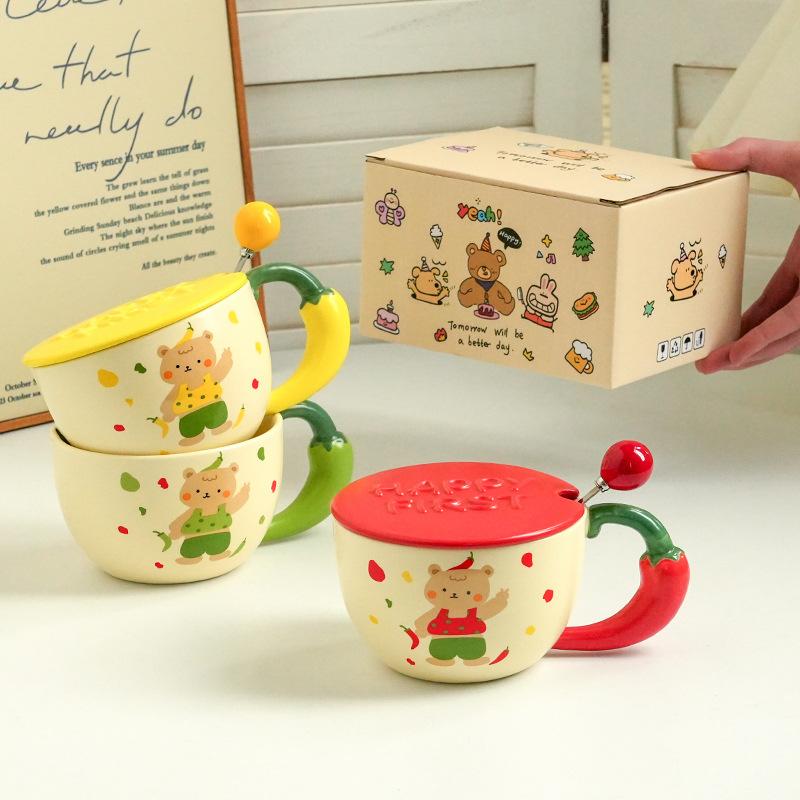 Cute And High-Value Bear Ceramic Cup With Lid And Spoon, Home Office Couple Water Cup Girl Gift