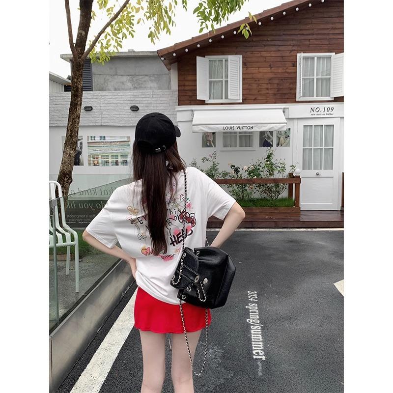 Korean Dopamine Letter Graffiti Print Short-sleeved T-shirt Women's Summer Loose Meat Cover Thin Lazy Feeling Small Top
