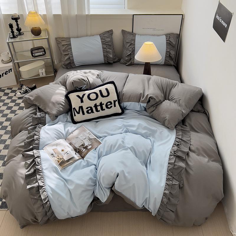 

Комплект постельного белья Ins Style 2024, новый корейский стиль, кружевной рулон для девочек и мальчиков, размер Queen King Size, пододеяльник, комплект стеганого одеяла, стираный хлопок 150x200 3pcs