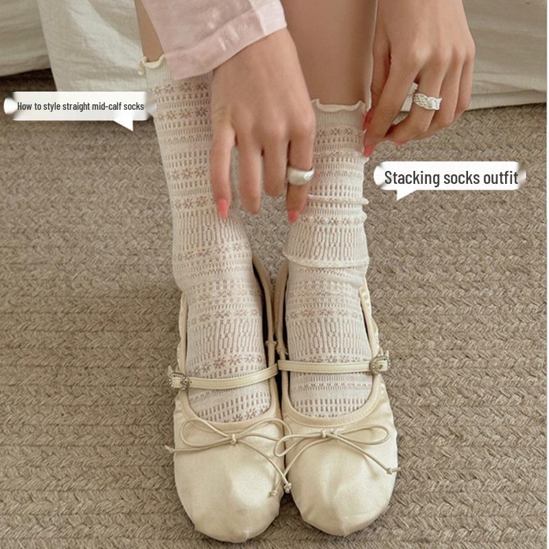 Women's Lace Mesh Mid-Calf Socks: Spring/Autumn, Cotton, Korean/Japanese Style, Ballet & Slouch Design.