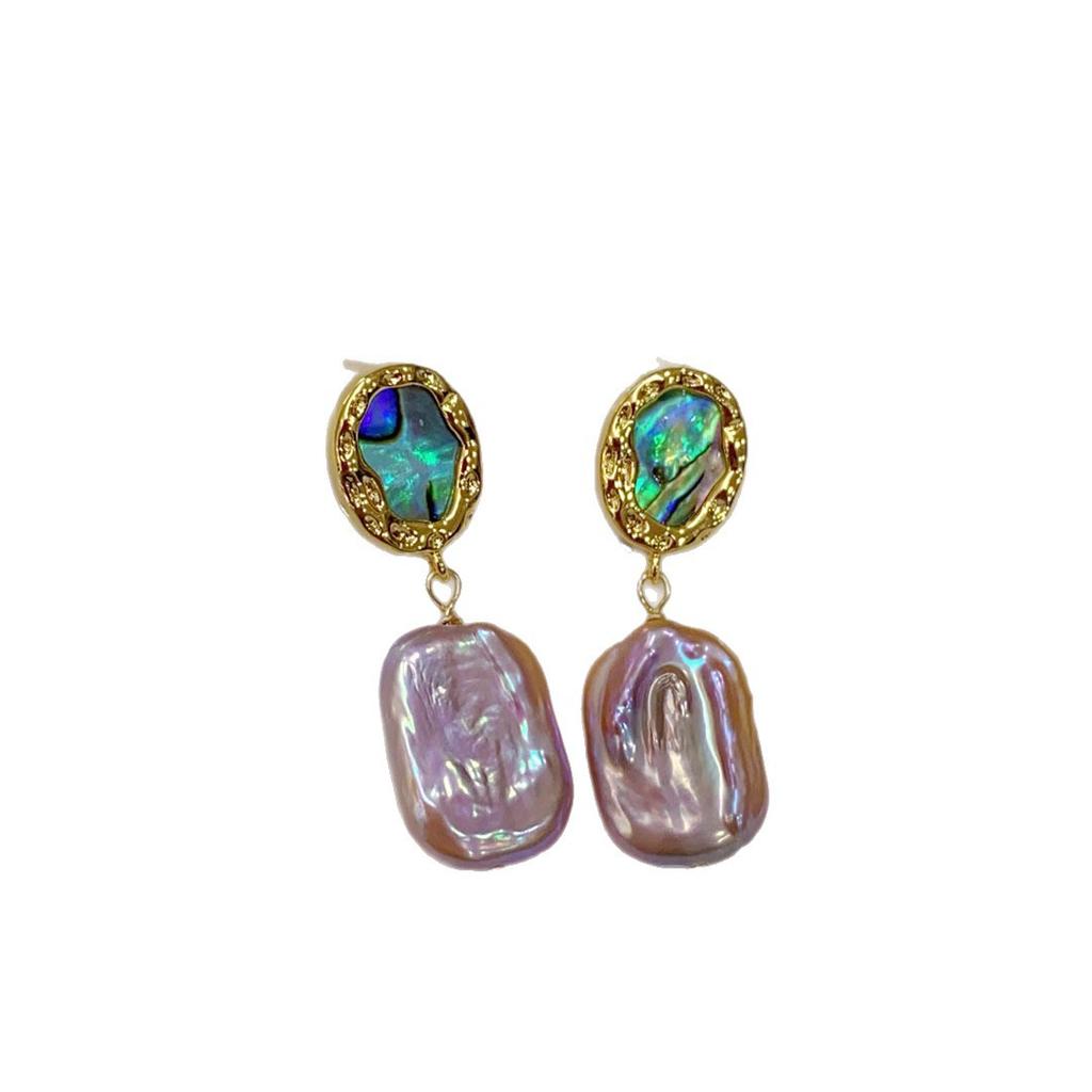Retro Square Natural Pearl Pendant Earrings for Women's High-end Sense Colorful Abalone Shell S925 Silver Needle Earrings 2026