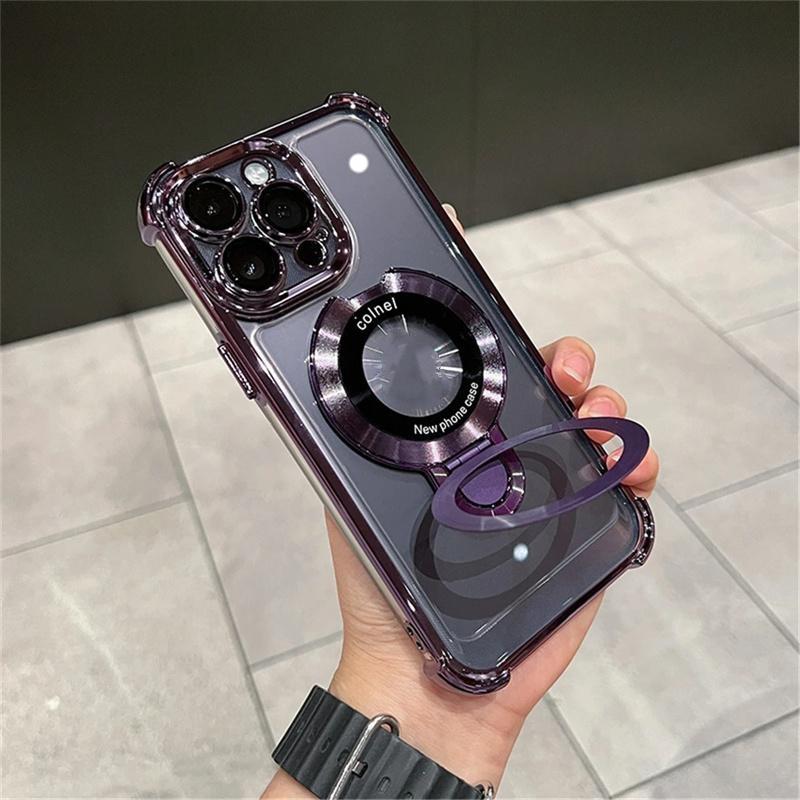 For iPhone 15 Pro Max Luxury Magsafe Magnetic Plating Frame Stand Phone Case For iPhone 11 12 13 14 15 Pro Lens Protective Cover