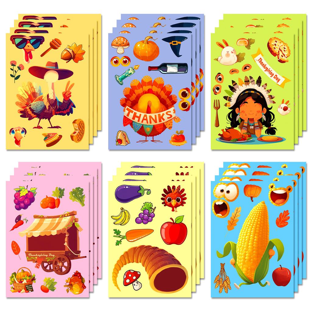 6 Photos/pack Thanksgiving Themed Puzzle Stickers Turkey Corn Festival Celebration DIY Face Swap Stickers