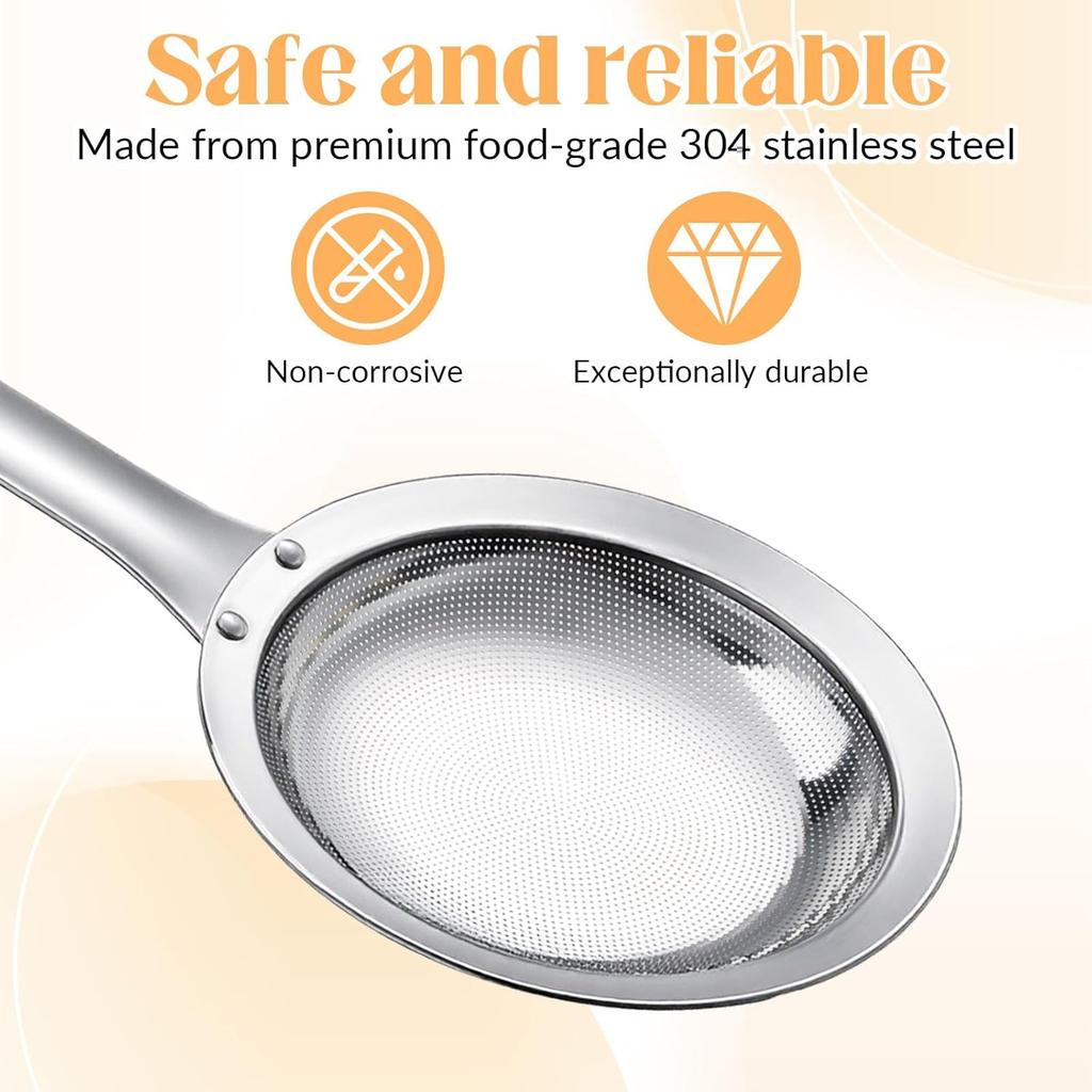 Skimmer Spoon Filter Grease Foam Fine Mesh Stainless Steel Sieve Colander, Extra Fine Strainer With Handle Handheld Fry Oil Filter for Cooking Sieve