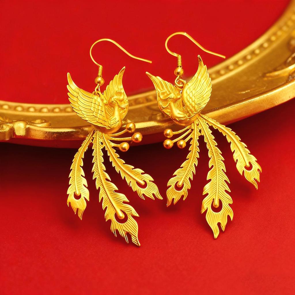 Phoenix Dance Gold-Plated Earrings for Women - Chinese Style Bridal Wedding Earrings
