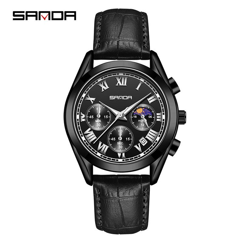 Sanda Men s Leather Belt Quartz Watch with True Six Needles - Creative  Cool Fashion Wristwatch