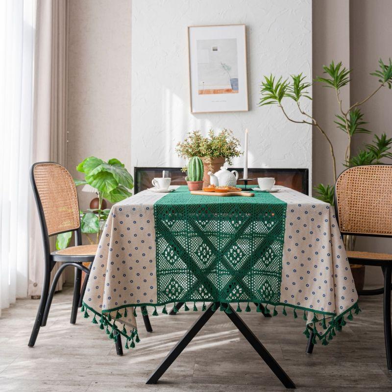 White Black Crochet Hollowed Out Patchwork Tablecloth  Lace Edge Printed Dustproof Table Cover Tassel Color Matching Table Towel