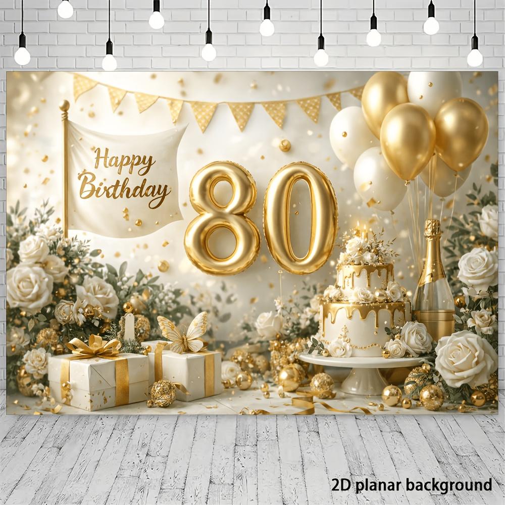 Fondo de pancarta de fiesta de 80 cumpleaños en plano 2D - Decoración de cumpleaños temática de lujo en oro y blanco para interior - exterior