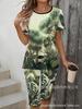 Gradual change/flower printing casual suit, round neck short sleeves + cropped pants for home and out