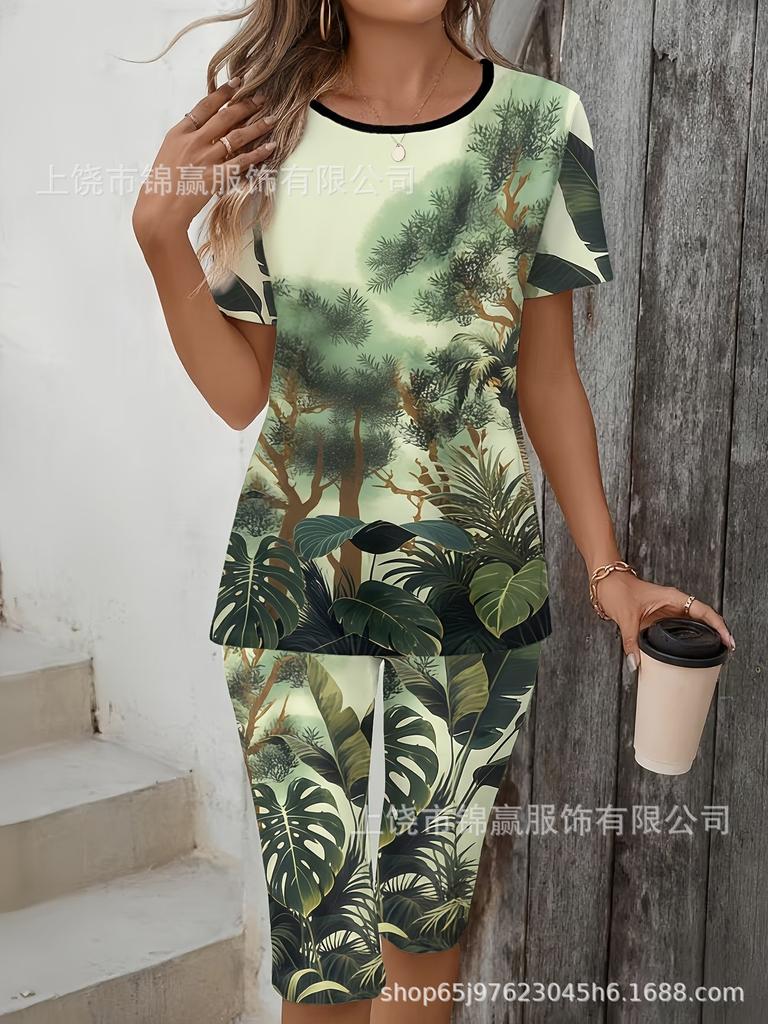 Gradual change/flower printing casual suit, round neck short sleeves + cropped pants for home and out