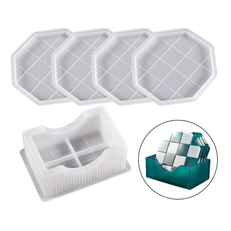 1/5x Coaster Resin Casting Moulds Round Octagon Epoxy Casting Mould Resin Tray Coaster Mould Kit DIY Craft Home Ornament
