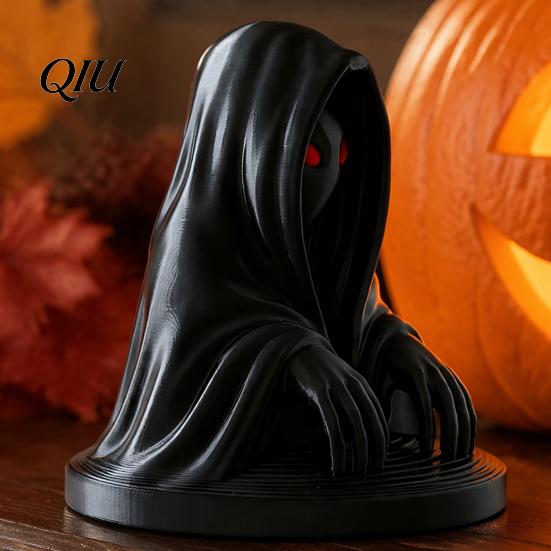 Secret Room Props Halloween Cloaked Ghost Figurine with Red Eyes, 3D Printed Matte Creative Gifts Black Gothic Ornament for Desk Cabinet Escape Decor