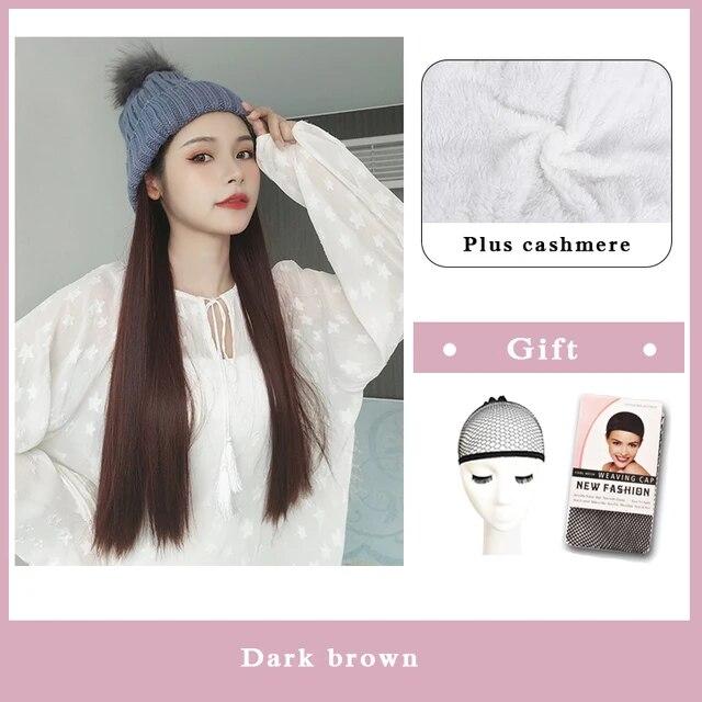 Wig Female Long Hair with Hat Wig One Female Summer Natural Full Head Style Fashion Net Red Trend Long Curly Hair