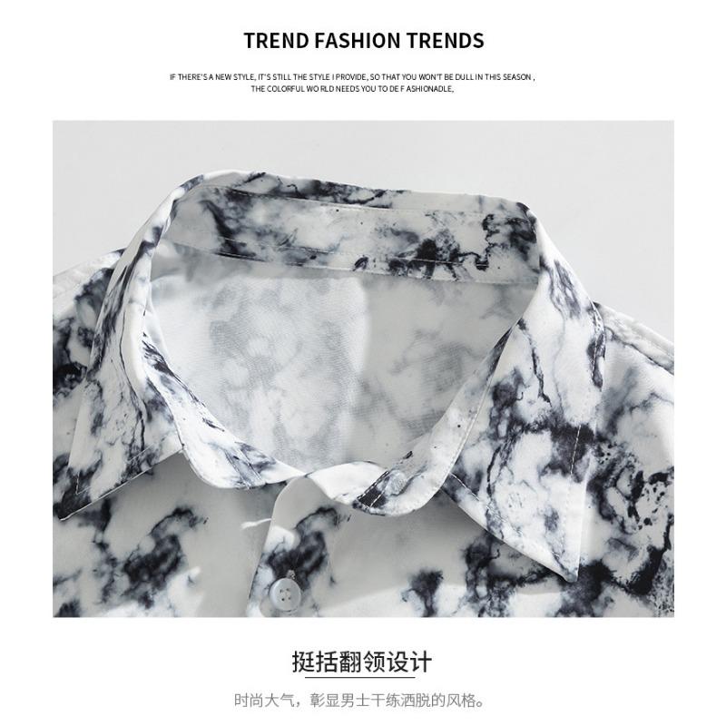 Men's White Black Marble Print Short Sleeve Shirt - Oversized Casual Streetwear Summer Button Up