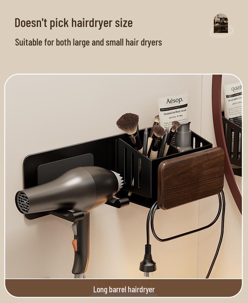 Walnut Hair Dryer & Makeup Brush Organizer, No-Drill Wall Mount