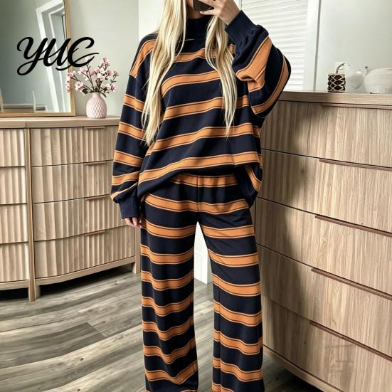 Comfy Sleepwear Sets 2Pcs/Set Women Casual Tracksuit, Mock Neck Long Sleeve Tops, Wide Hoodie Track Pants Leg Sweatpants, Striped Print Outfit