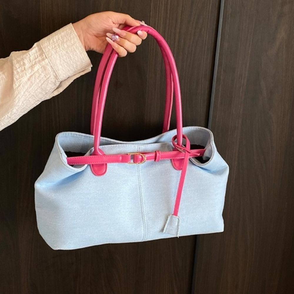 Patchwork Color Vintage Armpit Bag Hasp Closure Casual Tote Bag Denim Shoulder Bag Students