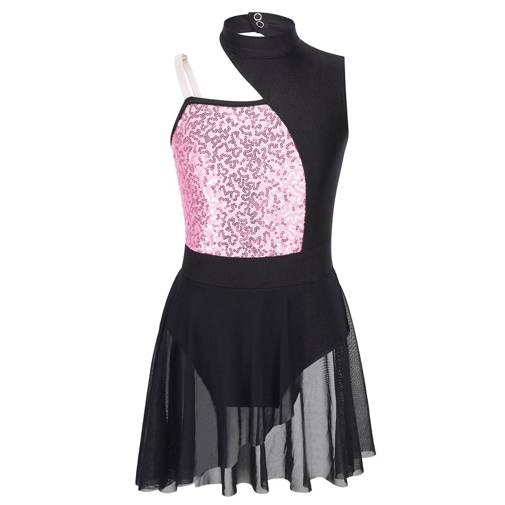 Robe de danse lyrique à paillettes brillantes pour filles, tenue de Ballet, gymnastique, sans manches, épaules dénudées, justaucorps