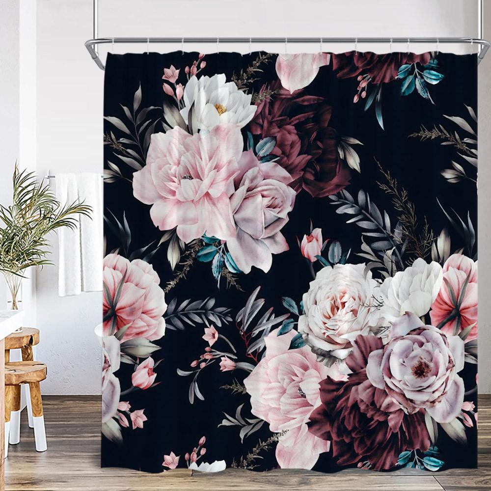 Vintage Floral Shower Curtain Colorful Flower Blossom Plant Green Leaf Dark Bathroom Decoration Polyester Bath Curtain with Hook