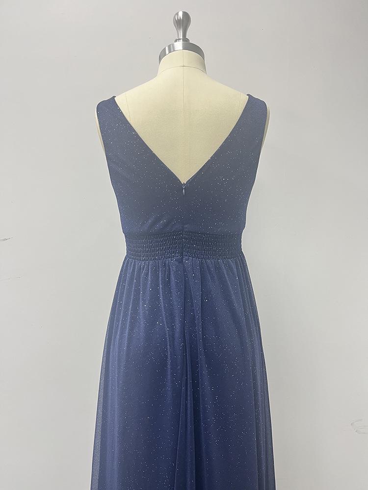 2024 Sparkling Chiffon Sleeve Double V-Neck A-Line Bridesmaid Dress with Side Slit