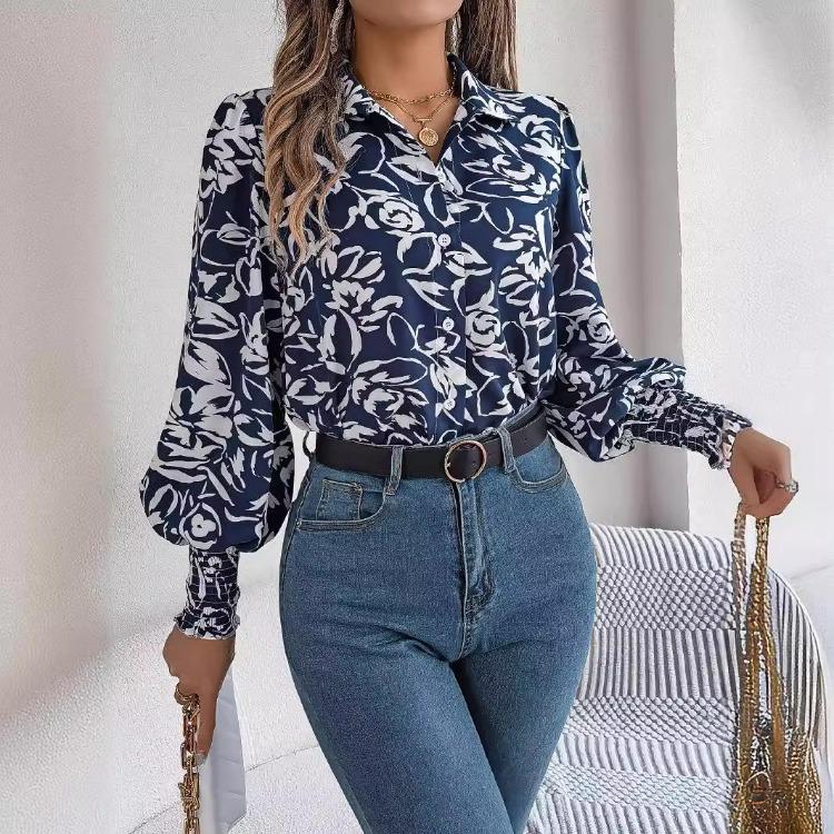 Elegante Bluse mit V-Ausschnitt und langen Ärmeln für Damen, Hemd mit Blumendruck für die Frühling- und Herbstsaison