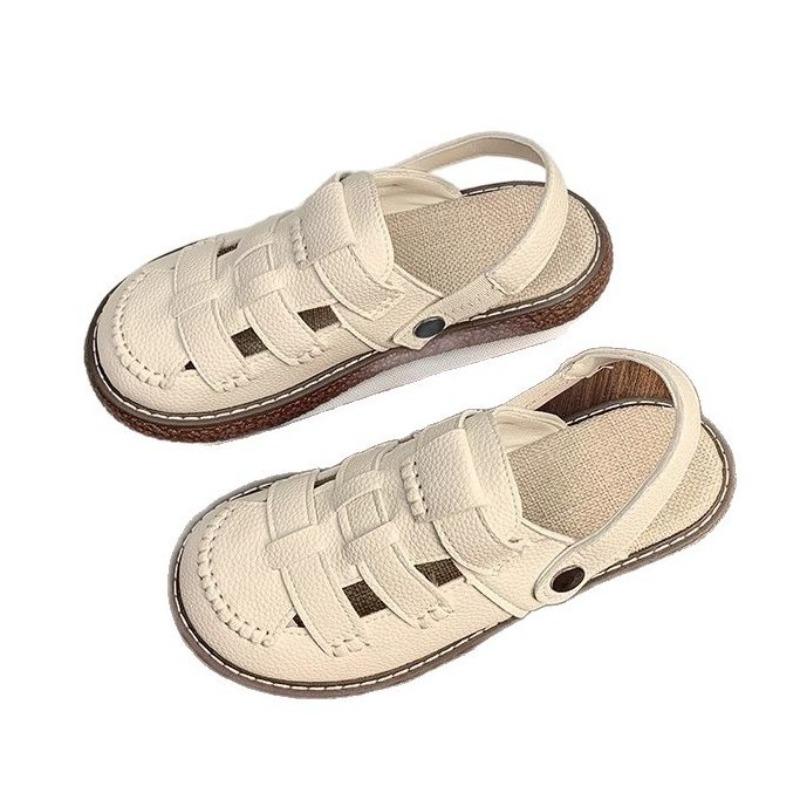 Ledertasche Kopf Sandalen Damen Sommerkleidung dicksohlige Halbpantoffeln neue gewebte Schweinekäfigschuhe Lochschuhe