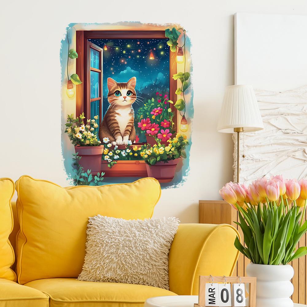 Creative False Window Cat Beautiful Starry Sky Bedroom Living Room Home Background Beautification and Decoration Wall Stickers