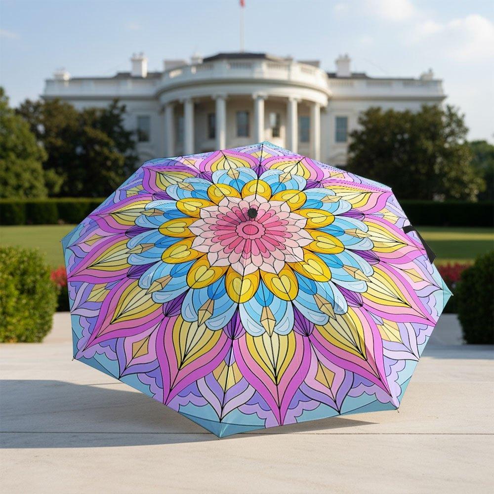 

Automatic Folding Umbrella with Mandala Flower Pattern - Self-Opening/ Closing, 8-Rib Compact Portable Collapsible Design, Pin Iron&8K