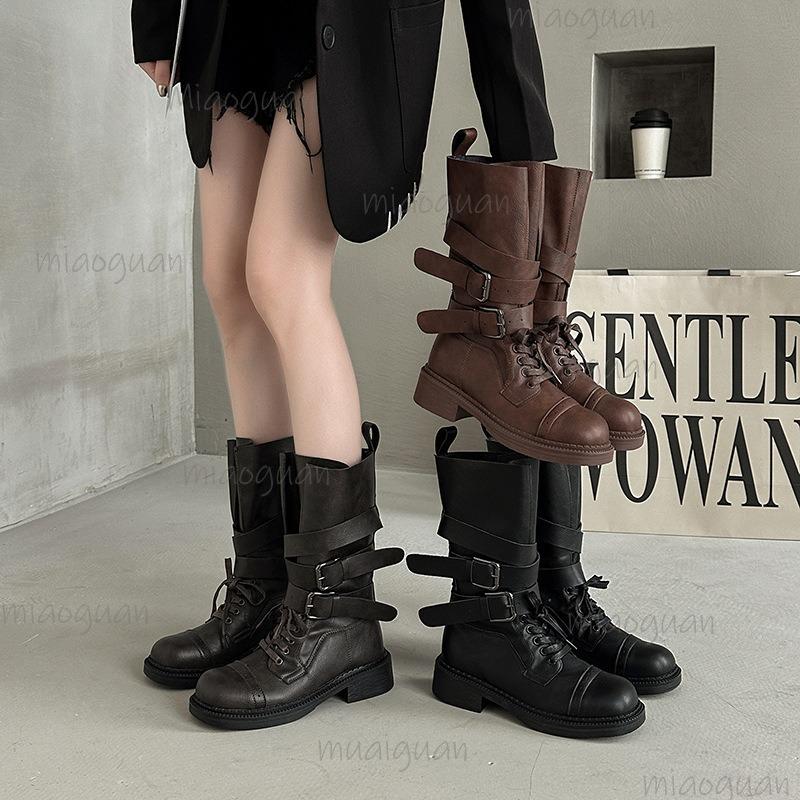 Design Metal Belt Buckle Mid Calf Boots Women 2025 Punk Medium Heel Western Cowboy Boots Autumn Winter Shoes Women 35 36