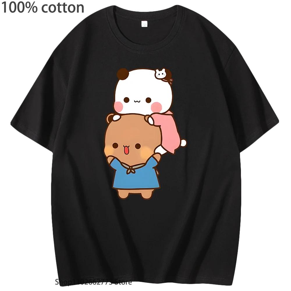 Kawaii DuDu and BuBu Enjoying Their Time Tshirts Cute Panda Bear Graphic Shirt Korean Styele Women Clothes Cotton Men Tees