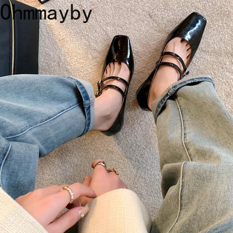 Spring Women Mary Jane Shoes Ladies Fashion Shallow Square Toe Thick High Heel Women's Elegant Red Ballerinas Shoes
