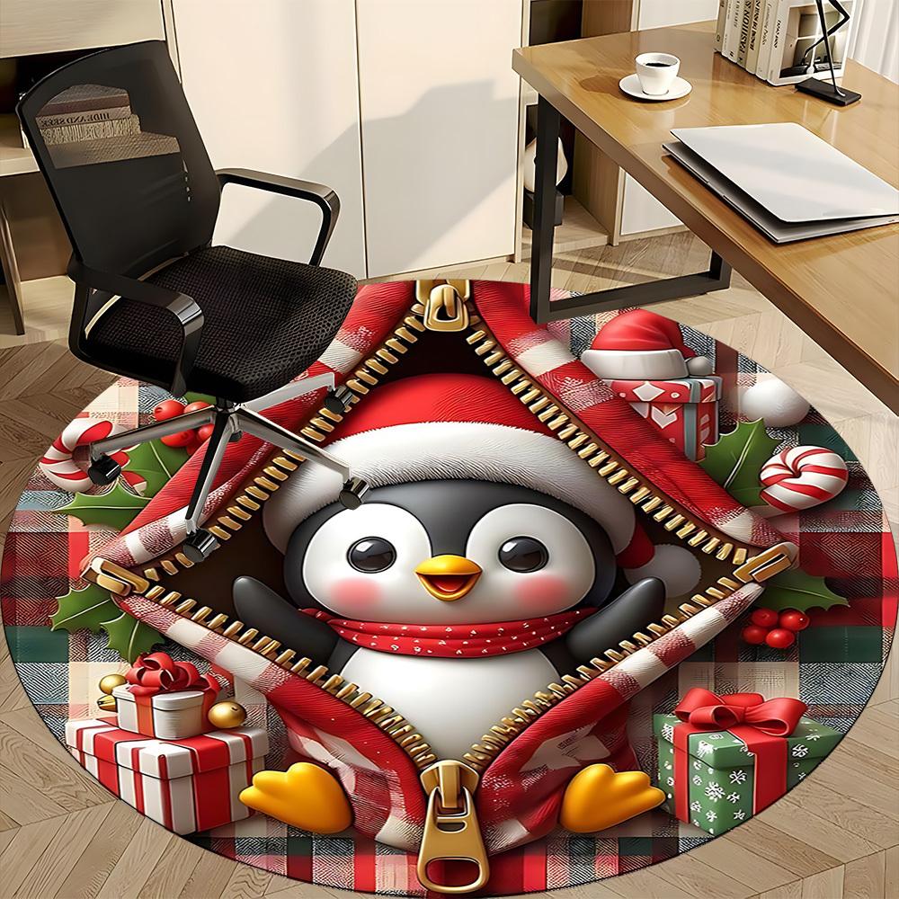 1PC Penguin Christmas Office Round Area Rug, Mat Suitable For Office, Under Office Chairs Bedroom Living Room Home Decor, Room Deco