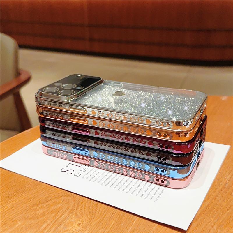 Luxury Plating Heart Love Bumper Flash Gradual Phone Case For iPhone 14 13 12 11 Pro Max Lens Protector On 14 Plus Glitter Cover