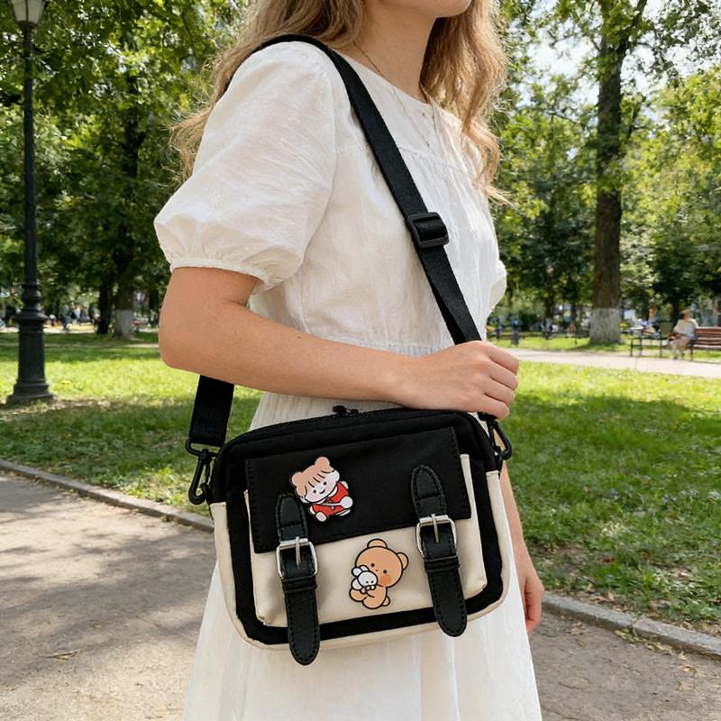Cute Cartoon Colorblock Small Crossbody Bag with Badge Pin Chic Durable Mini Canvas Shoulder Bag for Women Daily Shopping Outing