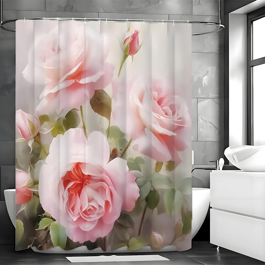 Rosa Rose Blumenduschvorhang, Dekorativer Duschvorhang für Badezimmer, Wasserdichter Duschvorhang mit Haken