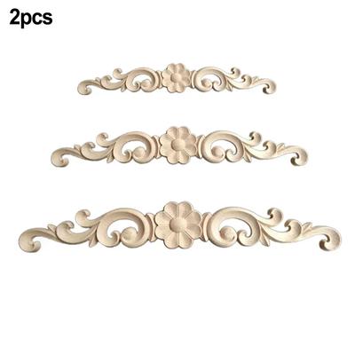 2Pcs Applique Wooden Carving Decal Unpainted Floral Wood Carved Corner Applique Furniture Cabinet Door Wall Home Decorations