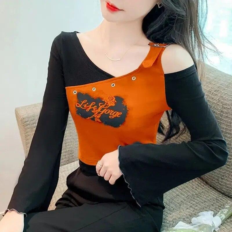 

Весна-лето, новая модная футболка с длинным рукавом с принтом, женская уличная повседневная футболка с открытыми плечами, тонкие пуловеры со съедобным деревом и грибком XXXL оранжевый