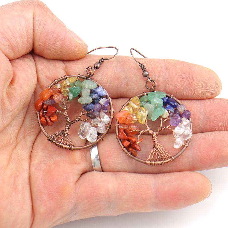 Handmade Vintage Wire-Wrapped Natural Stone Crystal Tree of Life Earrings E19