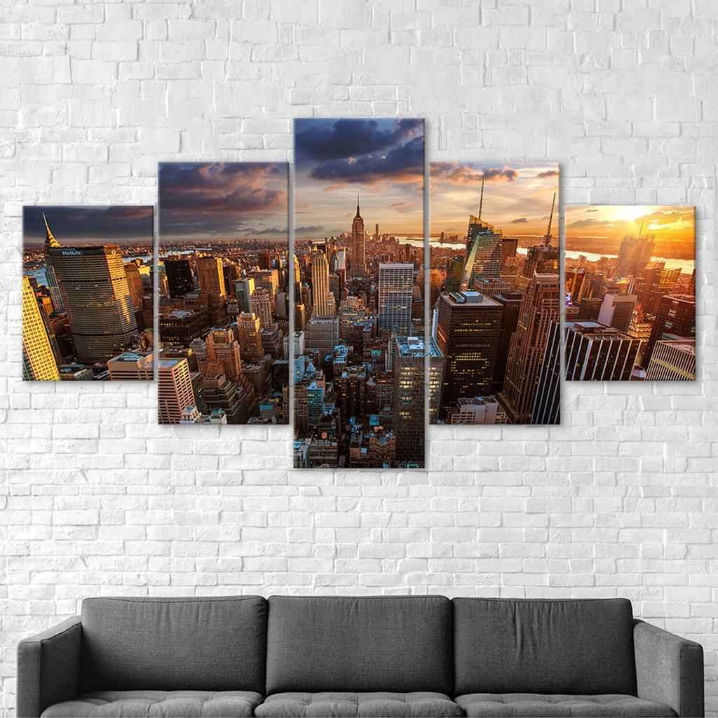Sunset New York Skyline Empire State Building 5 Piece Five Panel Wall Canvas Print Modern Art Poster Picture Home Decor Gift For Him For Her