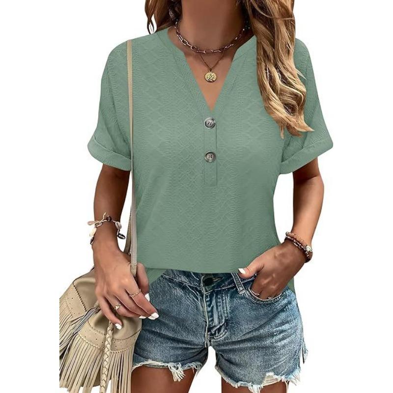 YYFS Camicette e camicie con scollo a V a maniche corte con stampa tinta unita primavera estate casual alla moda da donna