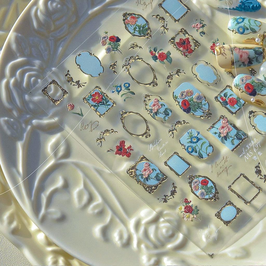 5D Gold Stamping Butterfly Vintage Border Nail Art Stickers Hearts Stars Moon Shiny Metal Elegant Self Adhesive Manicure Decal