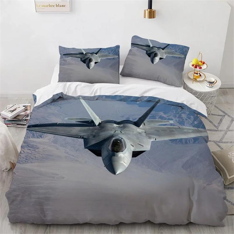 Fighter Plane King Queen Duvet Cover Military Aircraft Theme Bedding Collection Kids Boys Men Sunset Airplane Polyester Comforter Cover