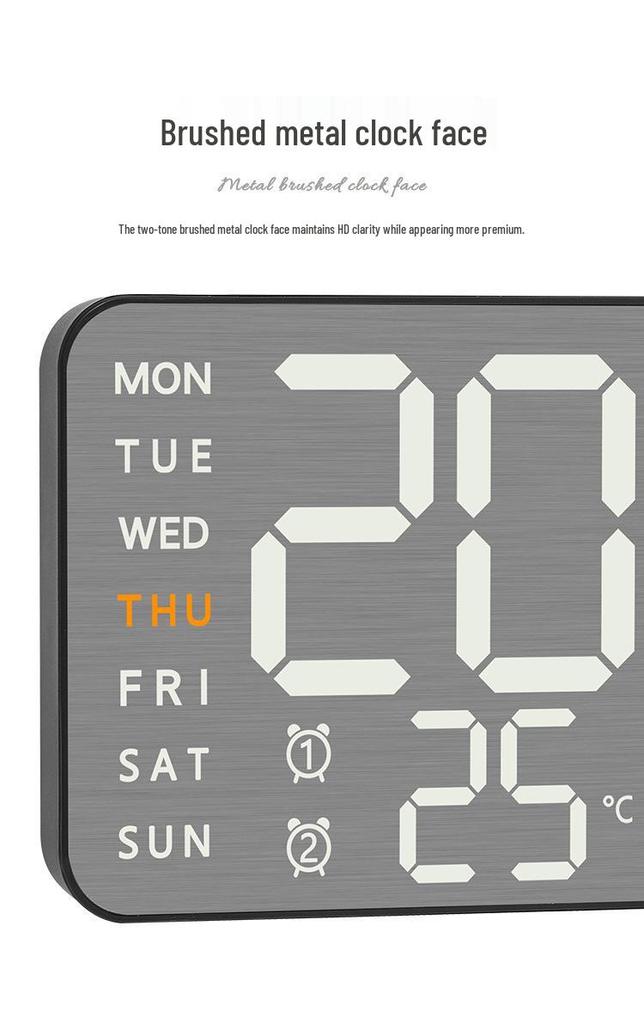 Brushed Metal Wall Clock: LED Multi-functional Electronic Alarm Clock