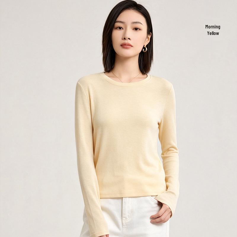 Tencel Wool Collar Base Shirt: Silk-Like, Light, Warm, Round Neck, Knitted Long Sleeve Top for Autumn/Winter Women.