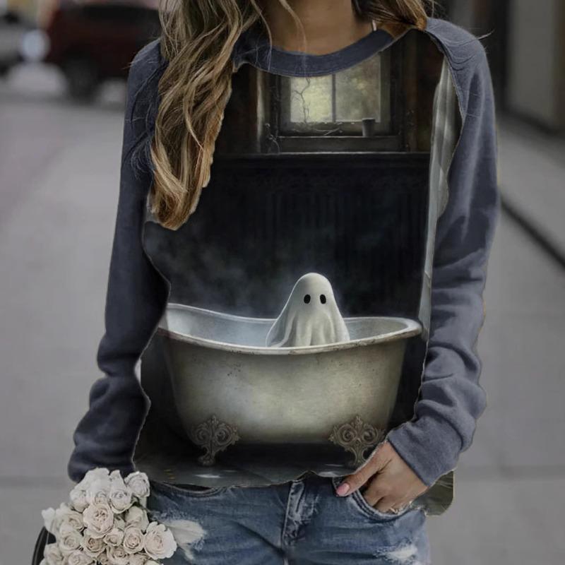 Halloween Printed Long Sleeved Hoodie Autumn Winter Women's Hoodie Casual Round Neck Top Pullovers & Long Sleeves Women’s