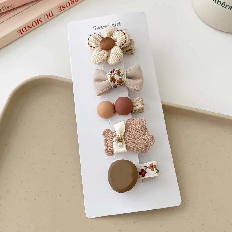 5pcs Sweet Kids Hair Clip Beige Coffee Color Plush Hairpin for BabyToddler Autumn Winter Kawaii Bowknot Headwear for Girls