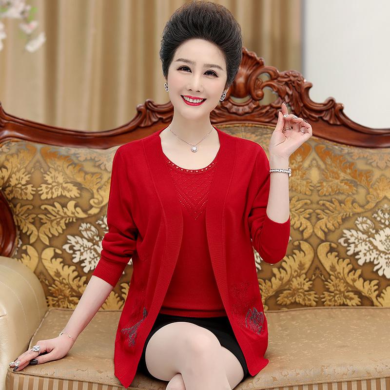 Women's Autumn & Spring Knitwear Set: Sweater & Cardigan for Middle-Aged & Elderly